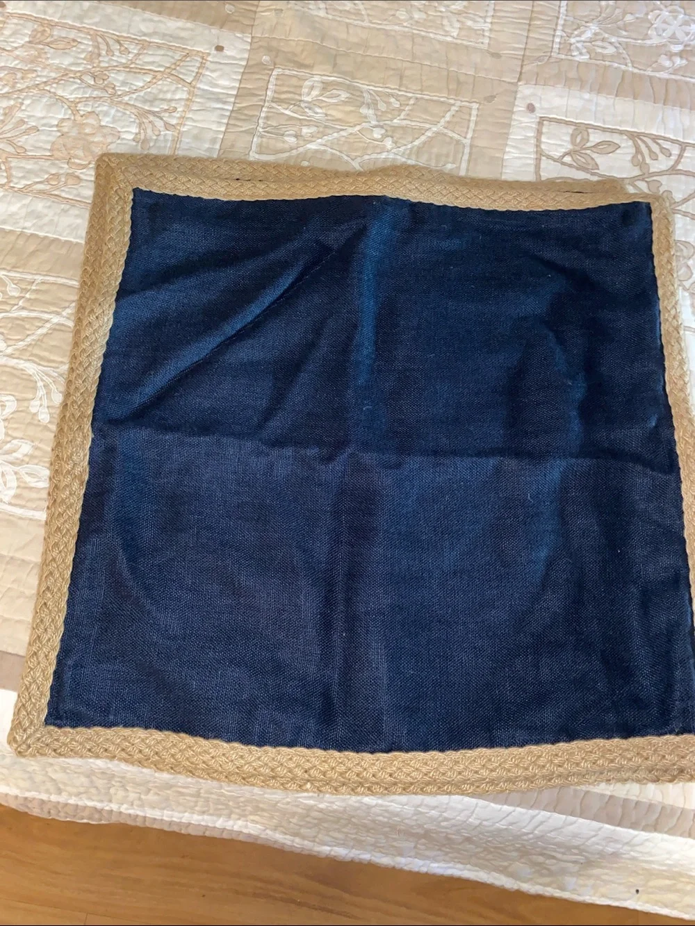 Pottery Barn Navy Blue Accent Pillows with Natural Trim